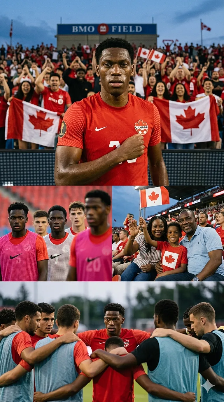 Jonathan David and Canada supporters in a World Cup collage