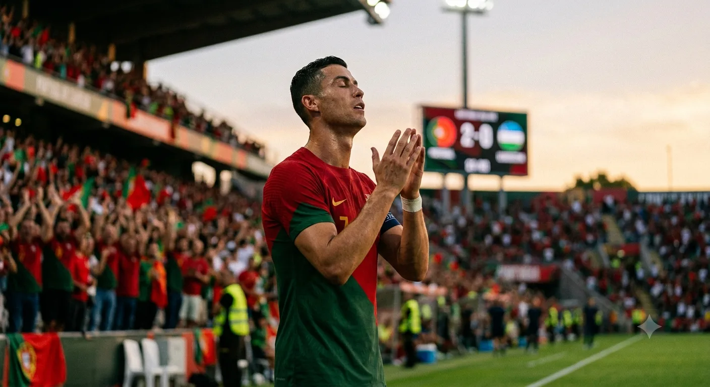 Cristiano Ronaldo in a Portugal shirt praying beside the pitch after a World Cup match
