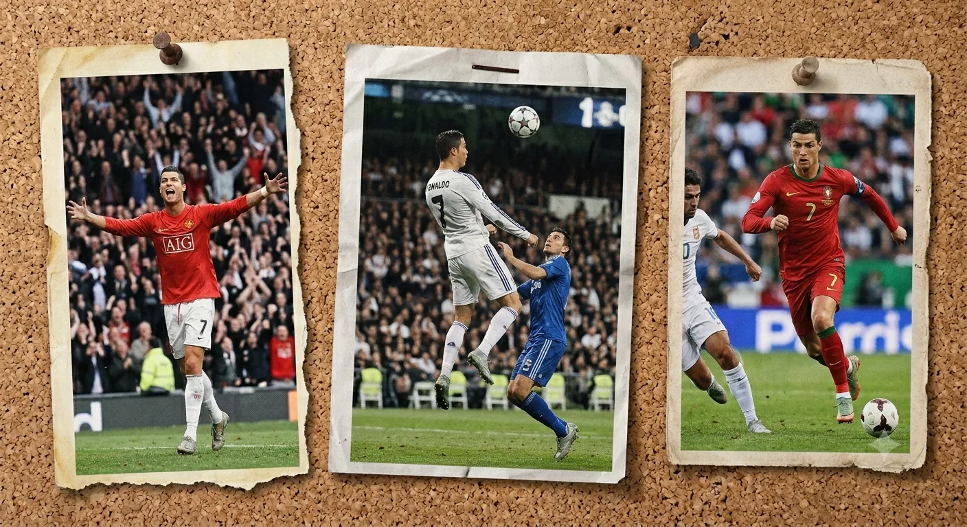 Cristiano Ronaldo career moments pinned on a cork board