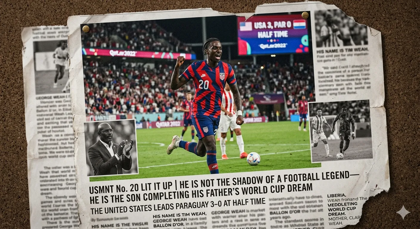 Tim Weah newspaper-style collage after the United States led Paraguay at half time