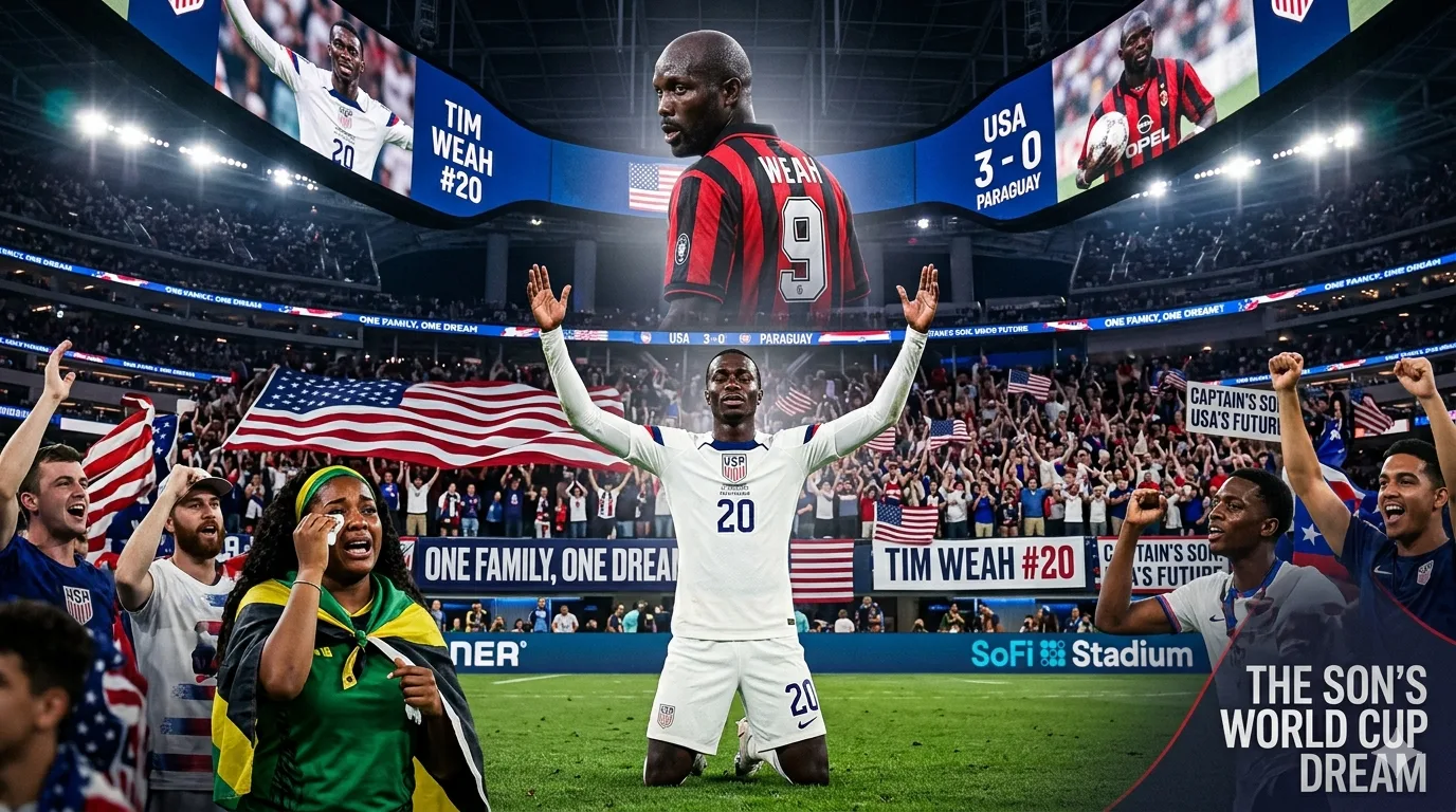 Tim Weah celebrating on a World Cup stage with George Weah's legacy above him